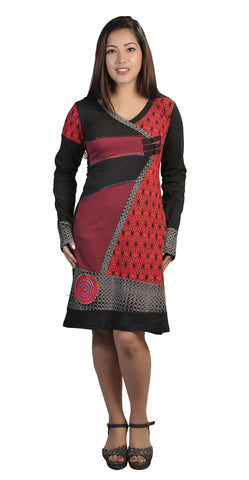 Long Sleeved V-Neck Dress With Cubic Print & Embroidery. - TATTOPANI