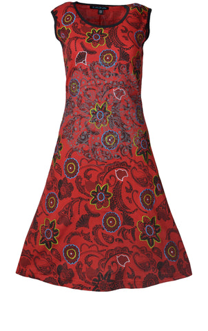 Red Embroidered Floral Printed Sleeveless Dress.(NO REFUND/ NO EXCHANGE) - craze-trade-limited