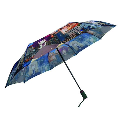 Colorful ladies umbrella with printed city girls. Both automatic opening and closing (3570 Green) - craze-trade-limited