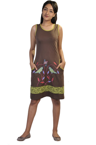 Ladies Dress With Bird & Leaf Patch & Embroidery.