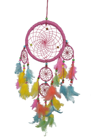 Pink Dream Catcher With Multicolored Feather. - TATTOPANI