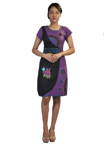 Multicolored Floral & Owl Patch & Embroidery Dress. (No Refund/ No Exchange)